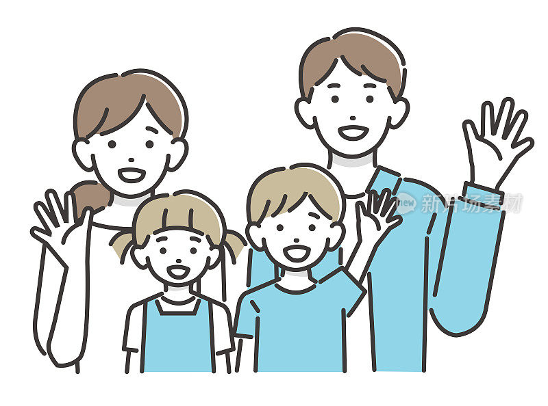 矢量插图一个年轻的家庭挥舞着微笑材料/简单/孩子/夫妇